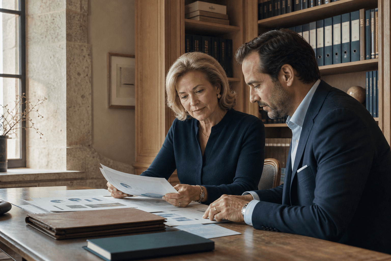 A family-business principal and trusted adviser reviewing a stewardship report
