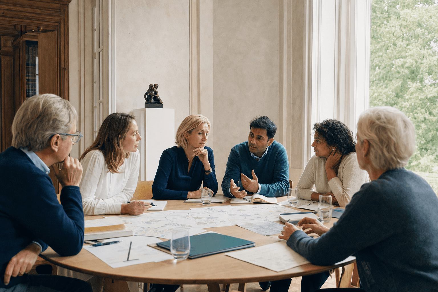 A cross-disciplinary group discussing an impact and systems-change strategy
